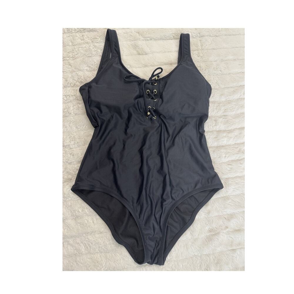 Mossimo Black Lace-Up Solid Pattern One Piece Swimsuit Women’s Regular Size L